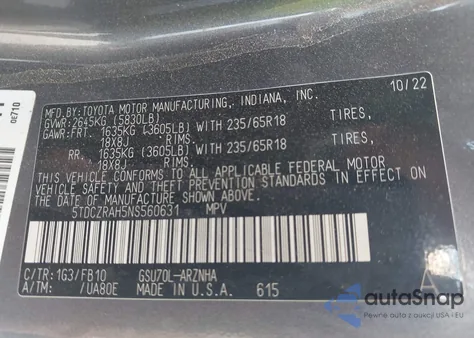 2022 Toyota Highlander L z USA, uszkodzony, nr VIN 5TDCZRAH5NS560631